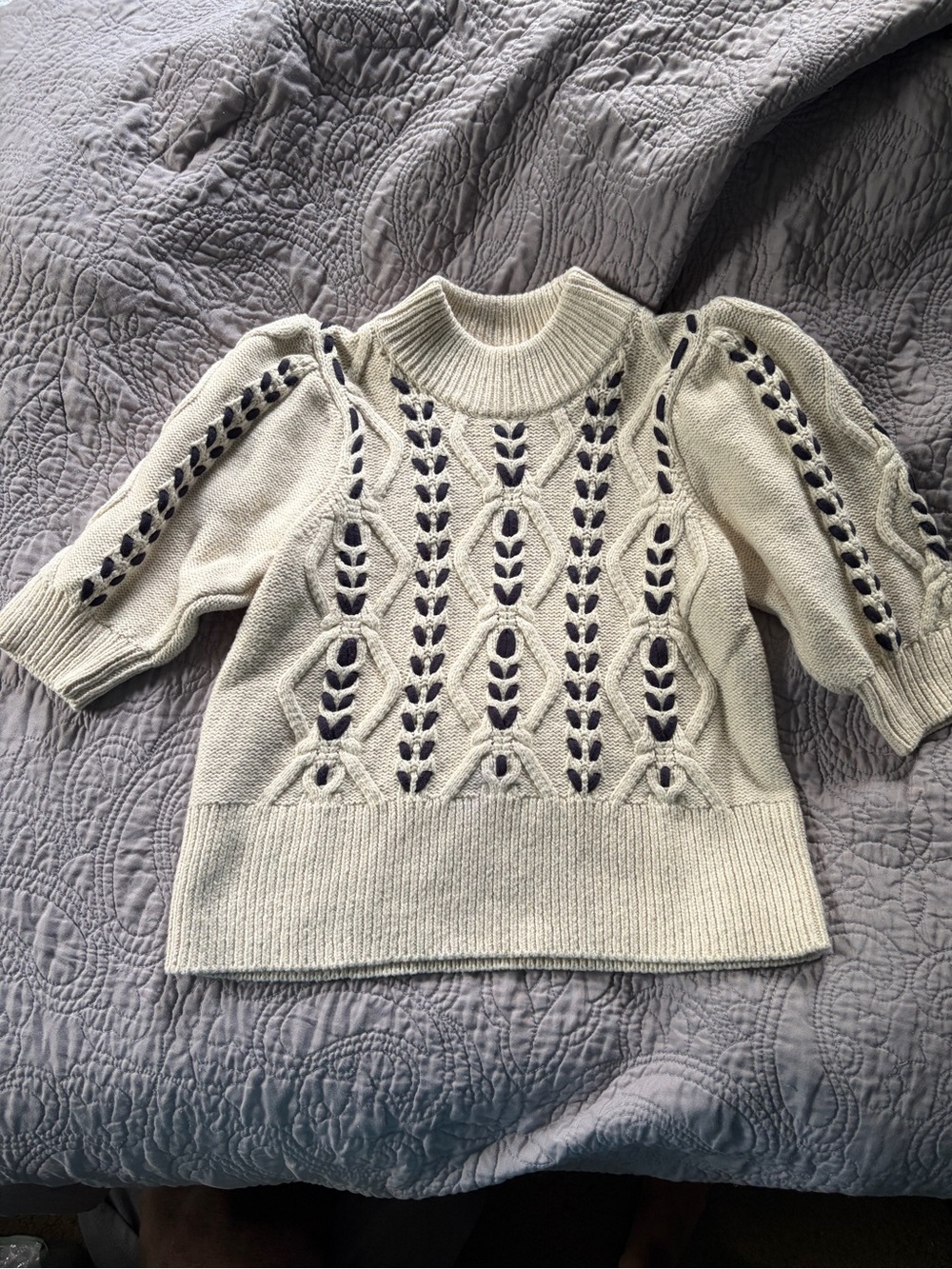 Rails Cream Open-Weave Short Sleeve Sweater with Navy Insets